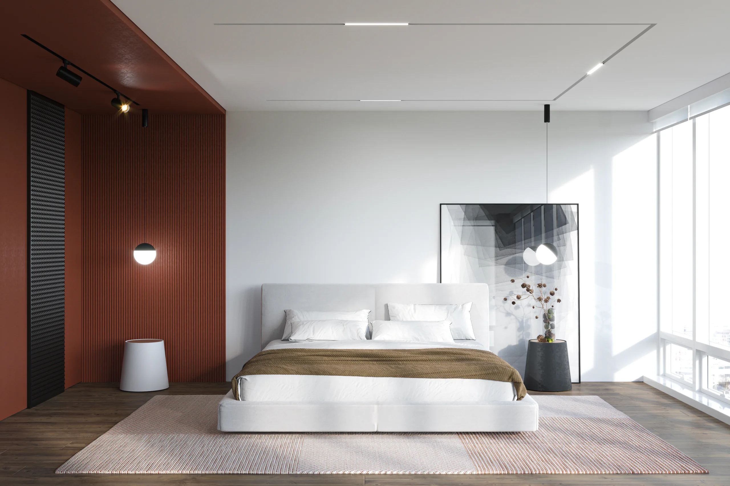Rendering: Schlafzimmer mit Akzentwand und Spot