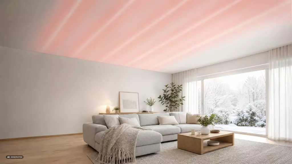 Visualisierung: Wohnzimmer mit Spanndecke, in der die Infrarot-Heizfolie als warme Bahnen durchscheint