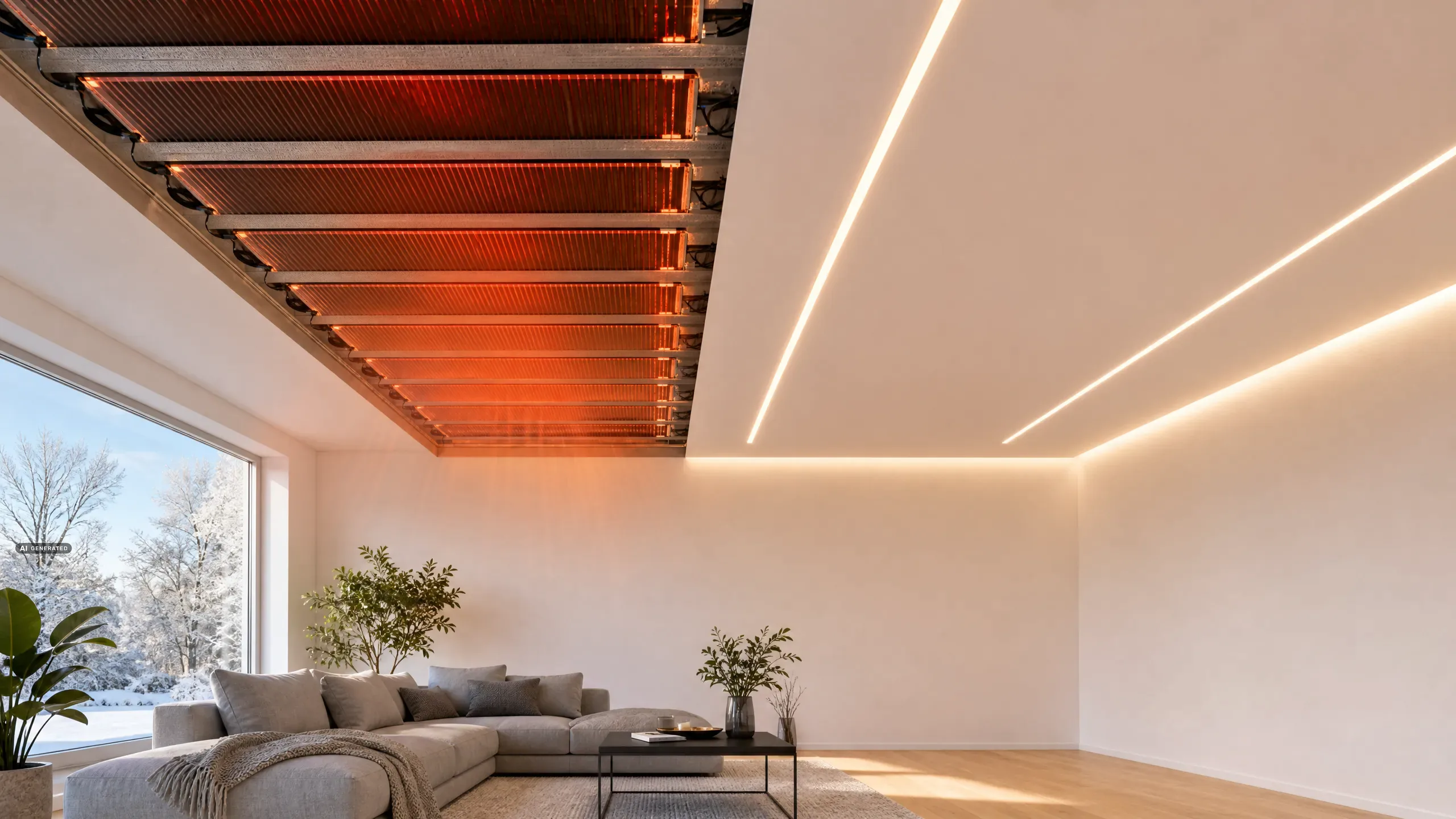 Visualisierung: Wohnzimmer, links ist die Spanndecke noch offen und zeigt die eingeschaltete Infrarot-Heizfolie, rechts fertige Spanndecke mit warmweißen Lichtlinien