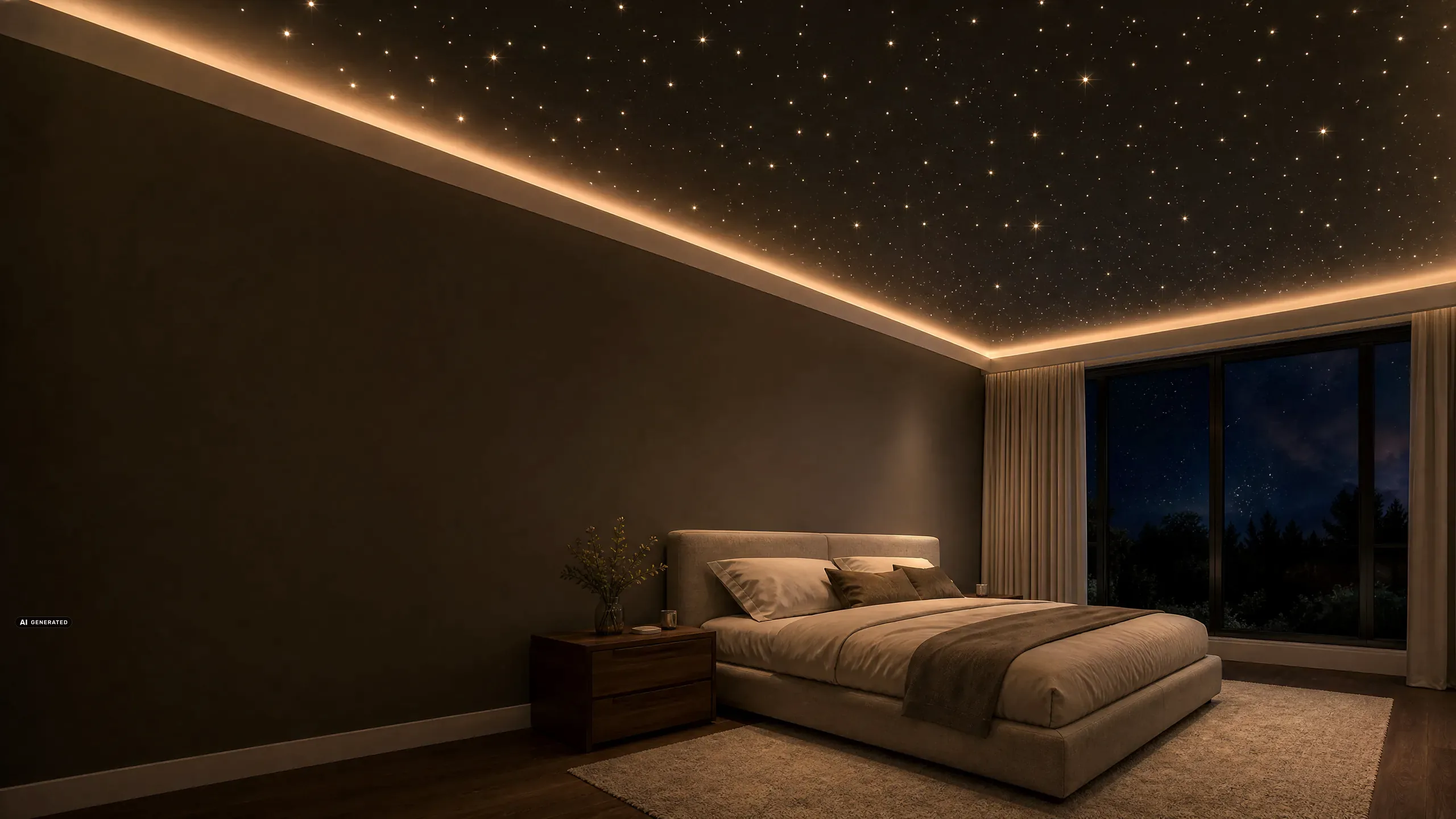 Visualisierung: Schlafzimmer mit Sternenhimmel-Spanndecke und umlaufender indirekter Lichtvoute
