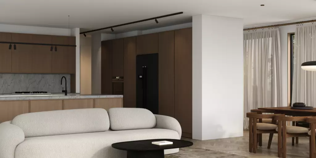 Rendering: Küche mit warmem Akzentlicht in der Decke