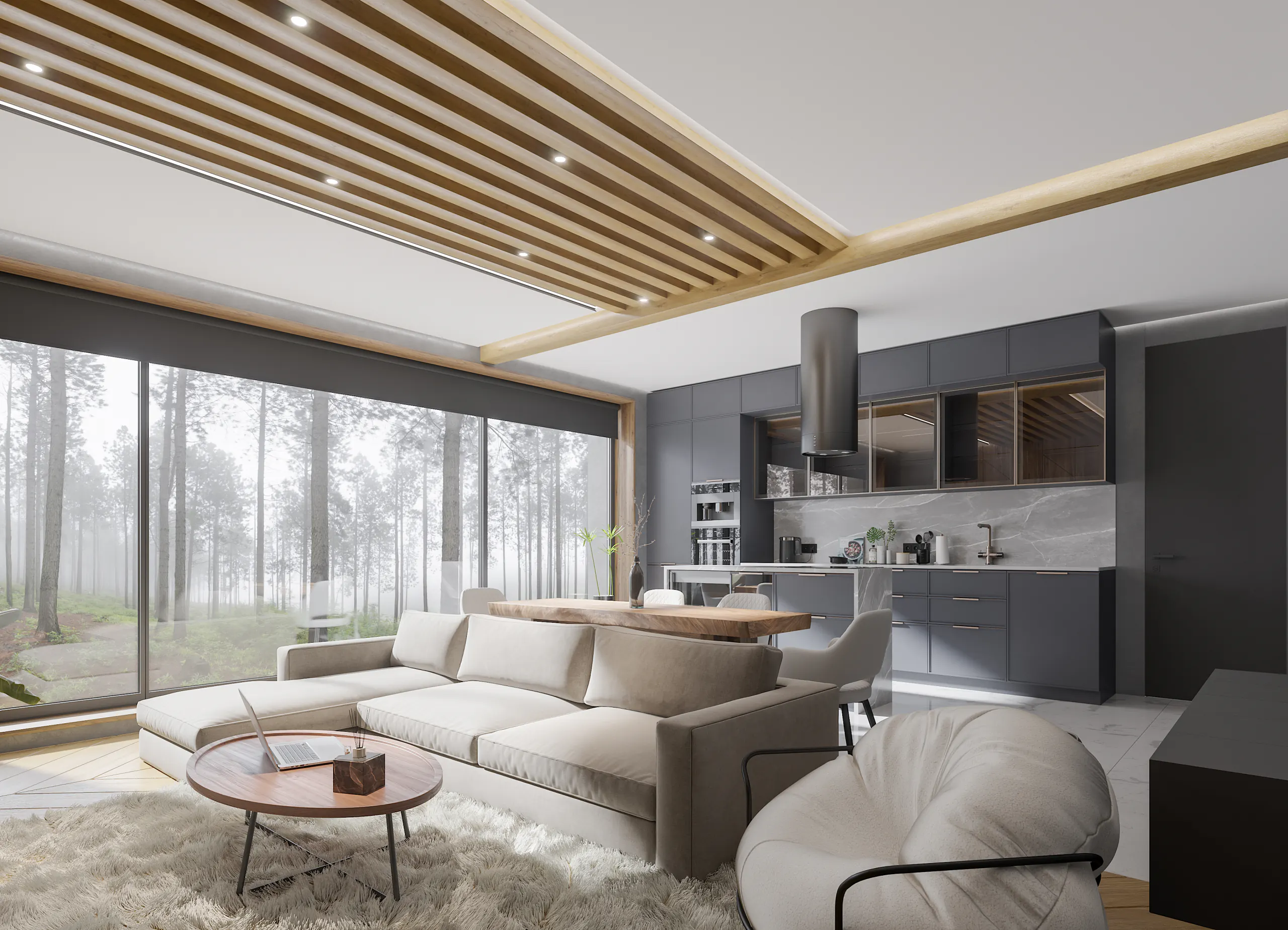 Rendering: Loft mit Holzlamellen-Decke und Spots