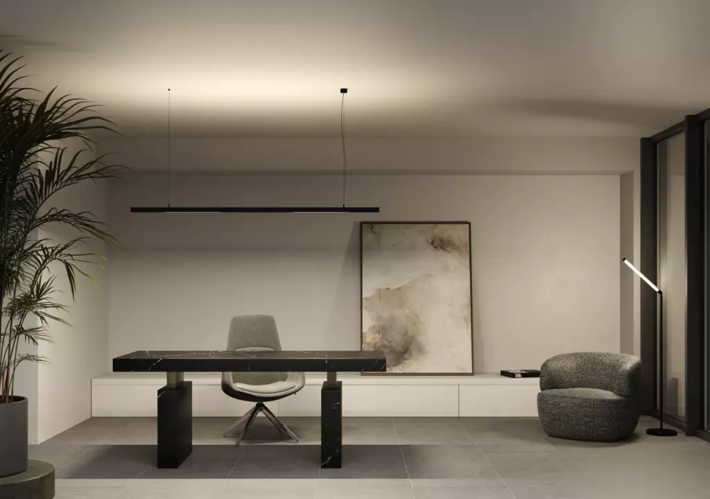 Rendering: Arbeitszimmer mit linearer Pendelleuchte unter der Spanndecke