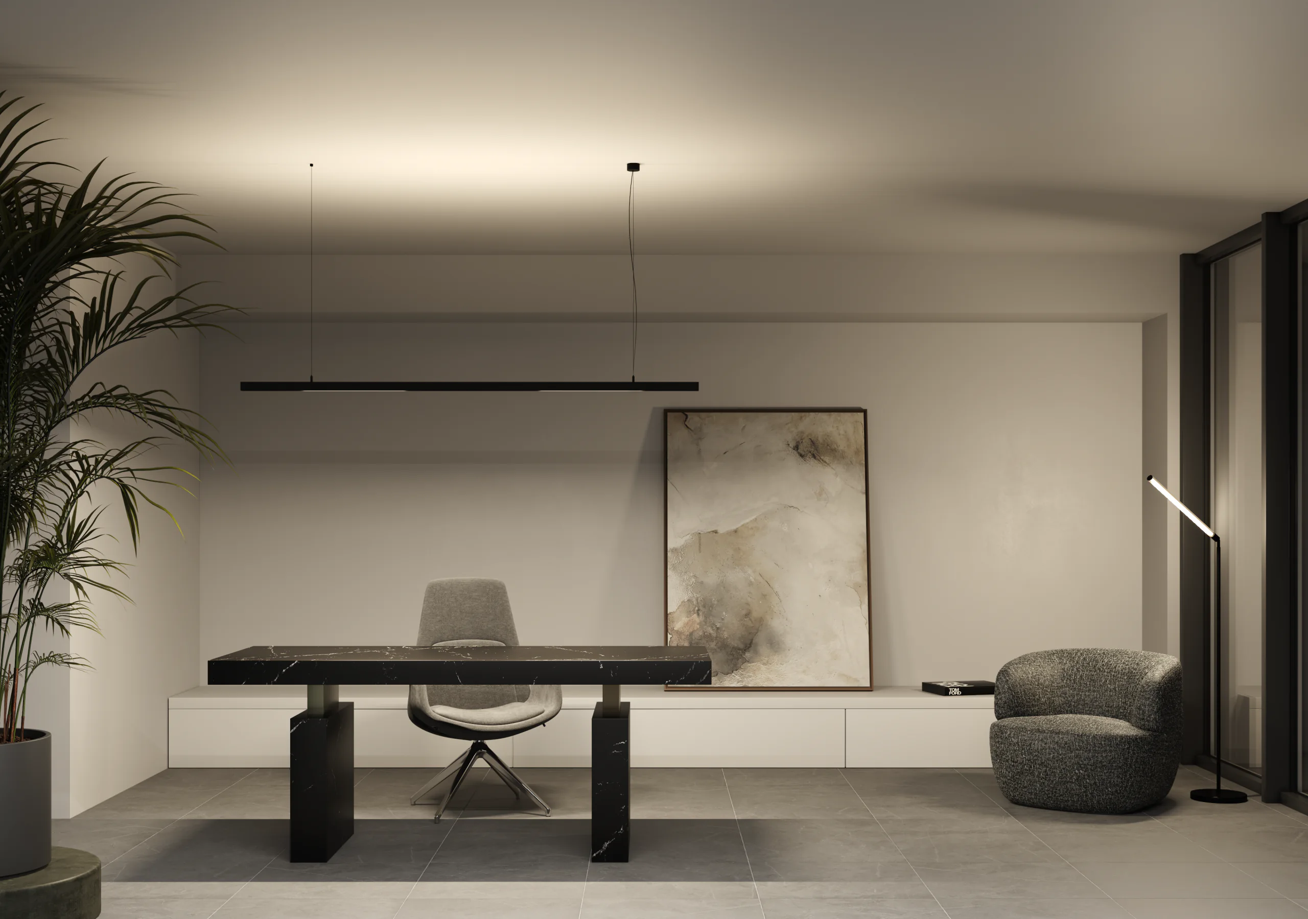 Rendering: Arbeitszimmer mit Schreibtisch, Pendelleuchte und glatter Spanndecke