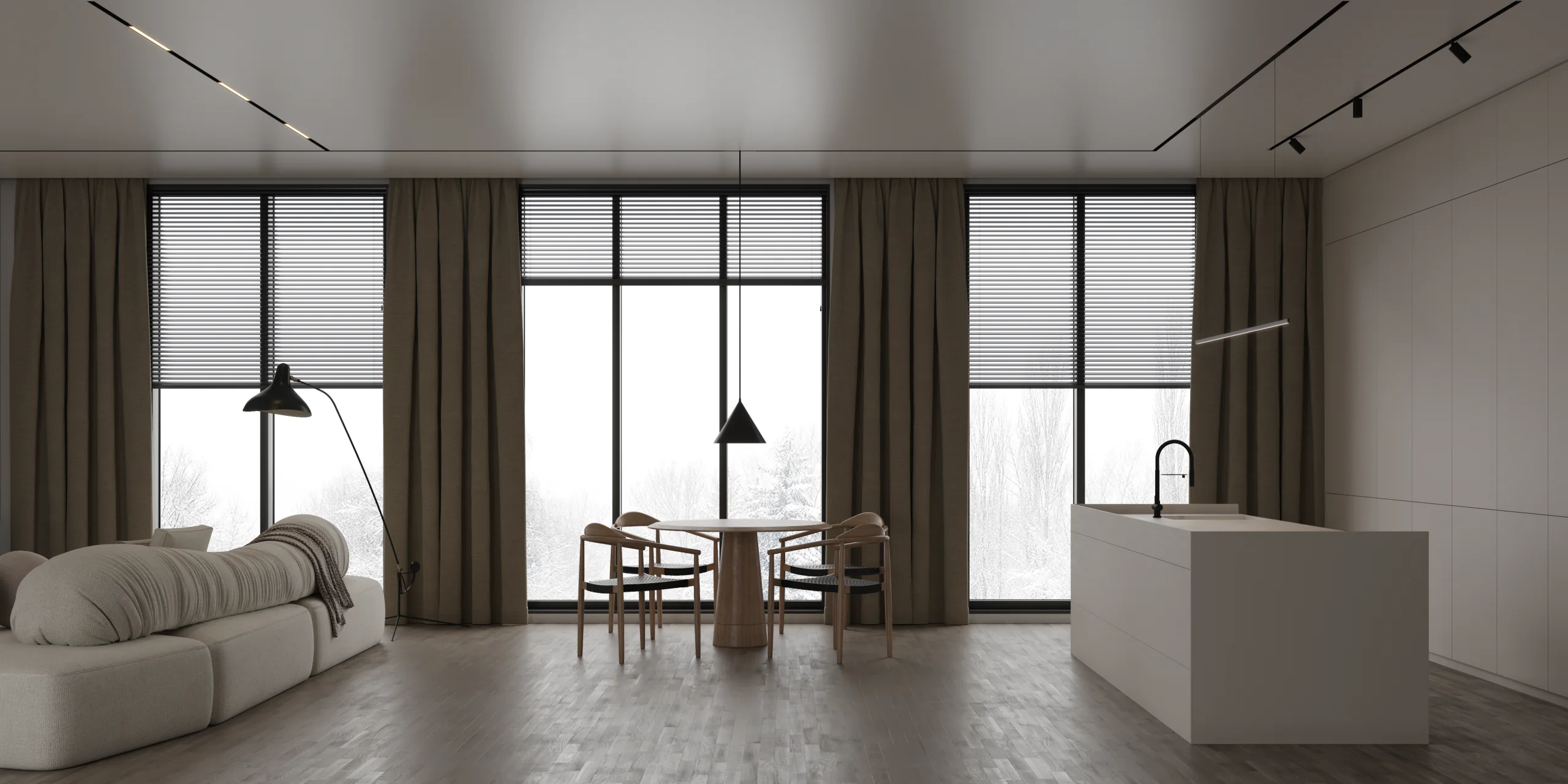 Rendering: offene Wohnküche mit Lichtlinien und Tracksystem in der Spanndecke