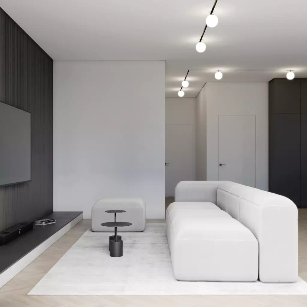 Rendering: Wohnraum mit Tracksystem und Kugelleuchten