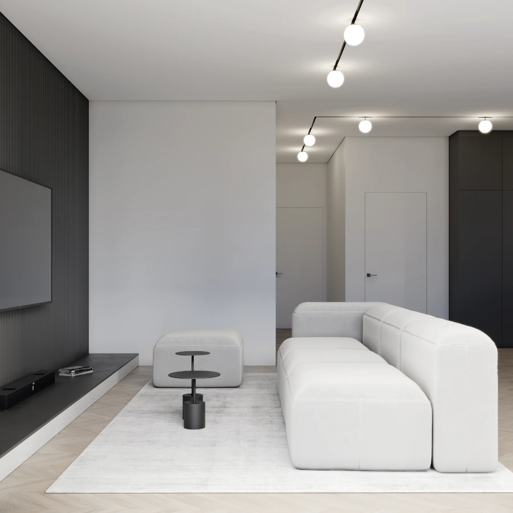 Rendering: Raum mit magnetischem Schienensystem und Leuchtmodulen